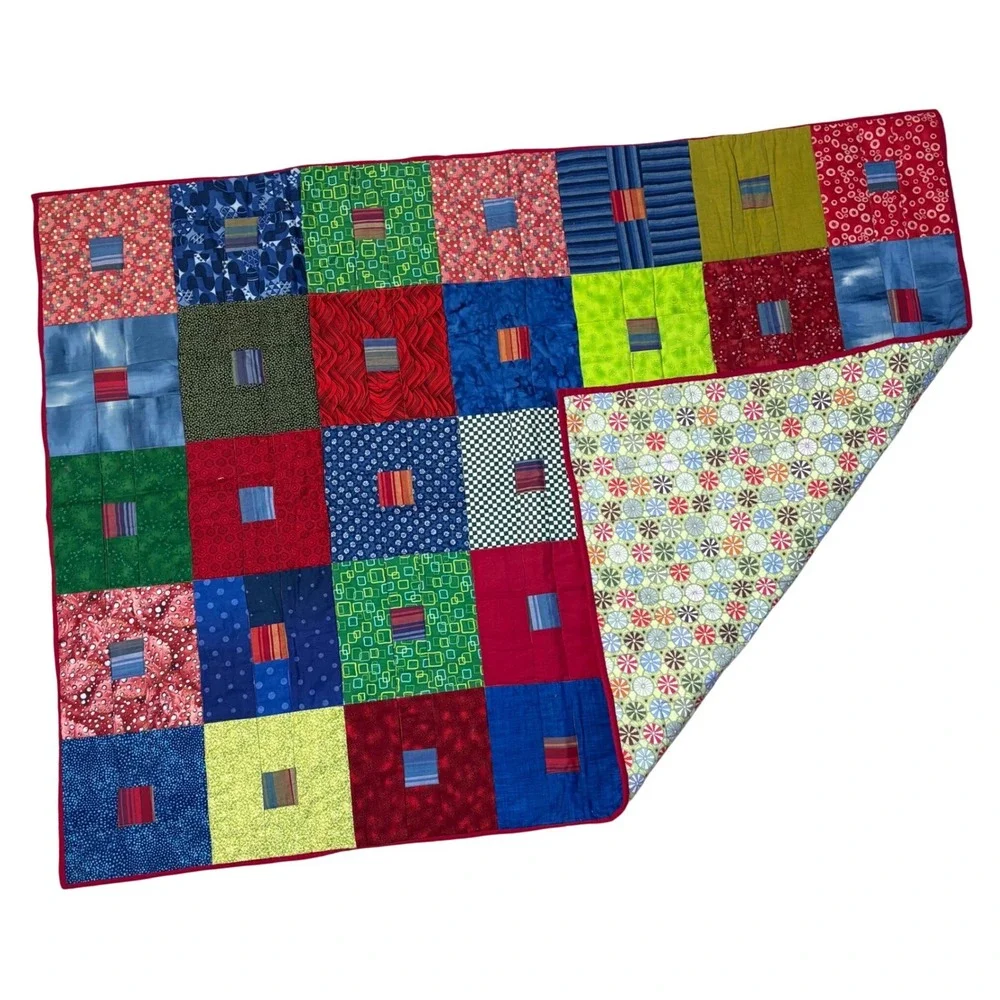 Handmade Patchwork Quilt Multi Pattern Geometric‎ Floral Red Blue Green 53x39